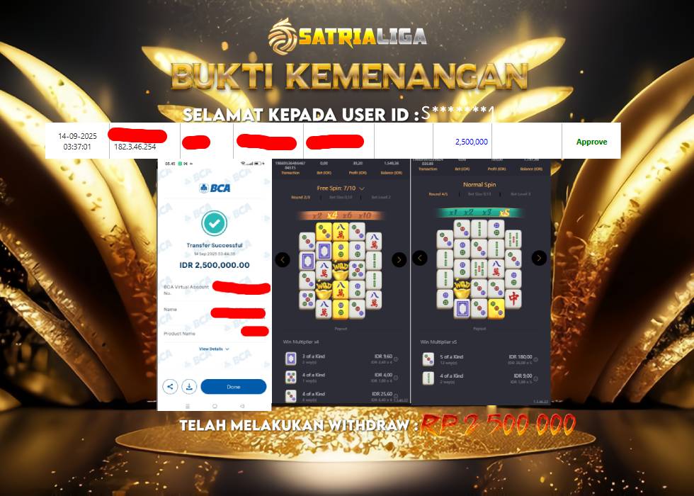 BUKTI KEMENANGAN MEMBER SATRIALIGA Rp 2.500.000