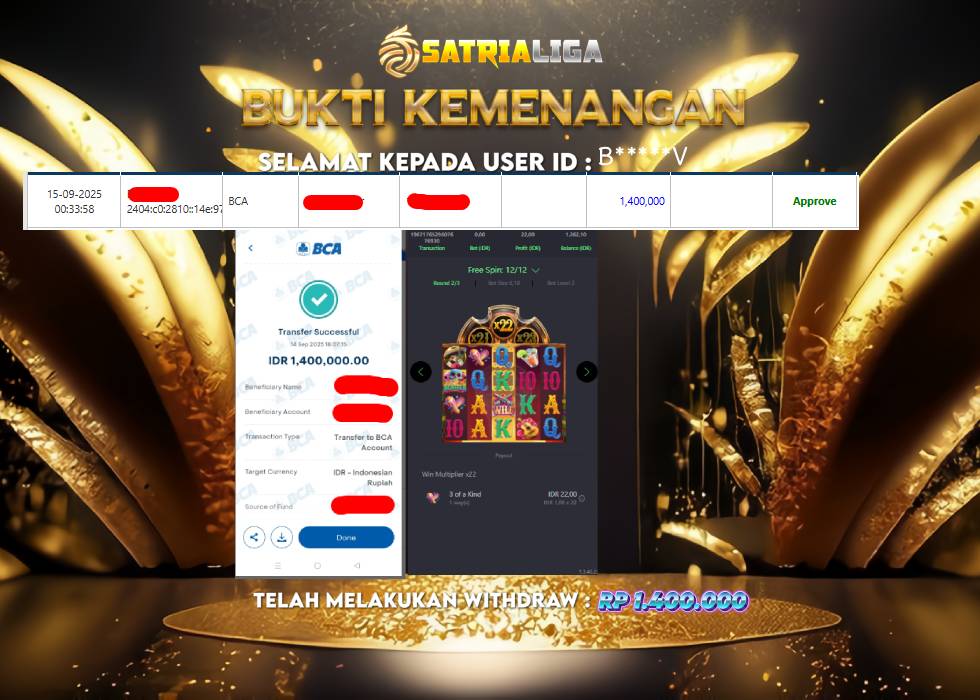 BUKTI KEMENANGAN MEMBER SATRIALIGA Rp 1.400.000