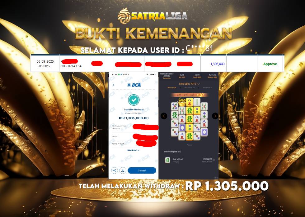 BUKTI KEMENANGAN MEMBER SATRIALIGA Rp 1.305.000