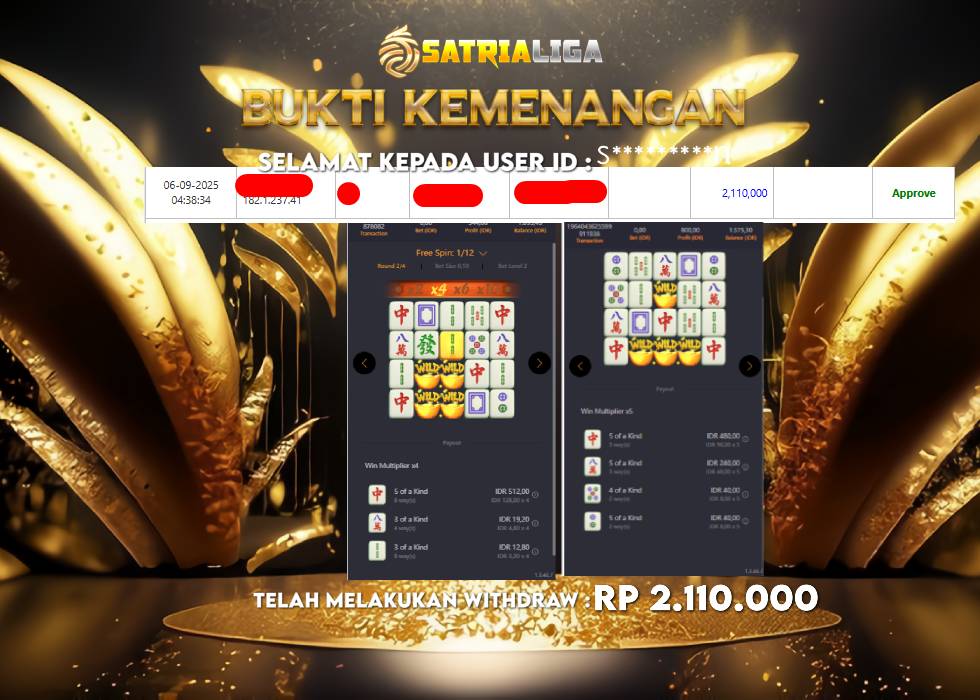 BUKTI KEMENANGAN MEMBER SATRIALIGA Rp 2.110.000
