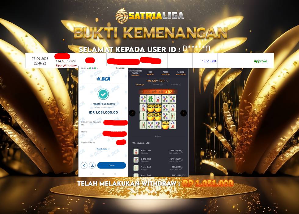 BUKTI KEMENANGAN MEMBER SATRIALIGA Rp 1.051.000