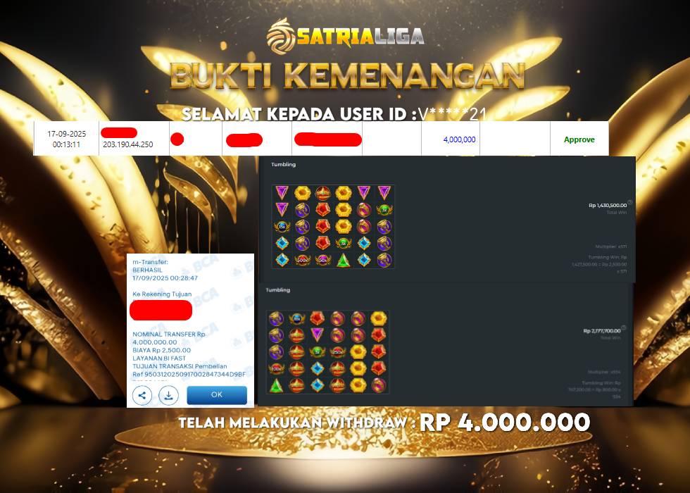 BUKTI KEMENANGAN MEMBER SATRIALIGA Rp 4.000.000