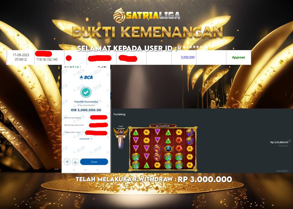 BUKTI KEMENANGAN MEMBER SATRIALIGA Rp 3.000.000