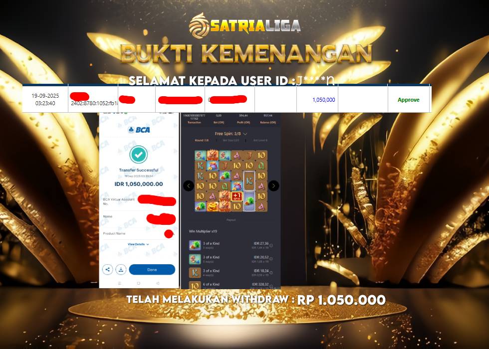 BUKTI KEMENANGAN MEMBER SATRIALIGA Rp 1.050.000