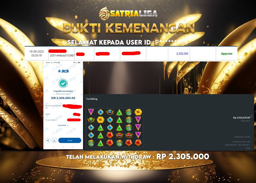 BUKTI KEMENANGAN MEMBER SATRIALIGA Rp 2.305.000