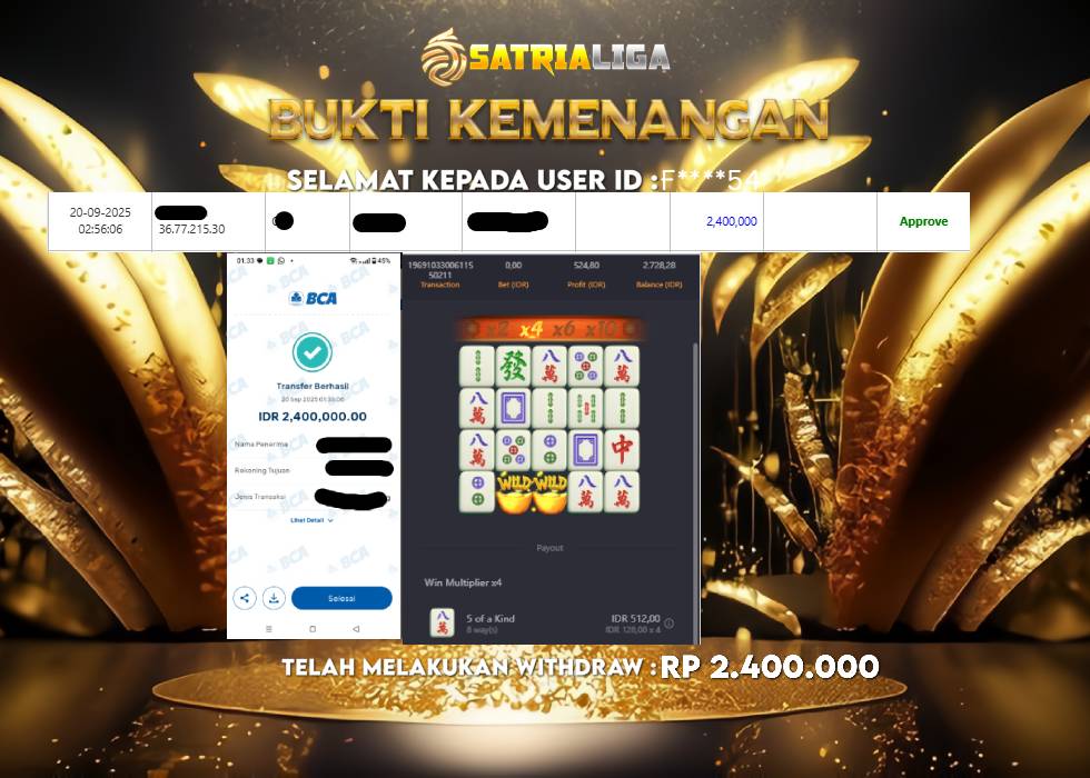 BUKTI KEMENANGAN MEMBER SATRIALIGA Rp 2.400.000