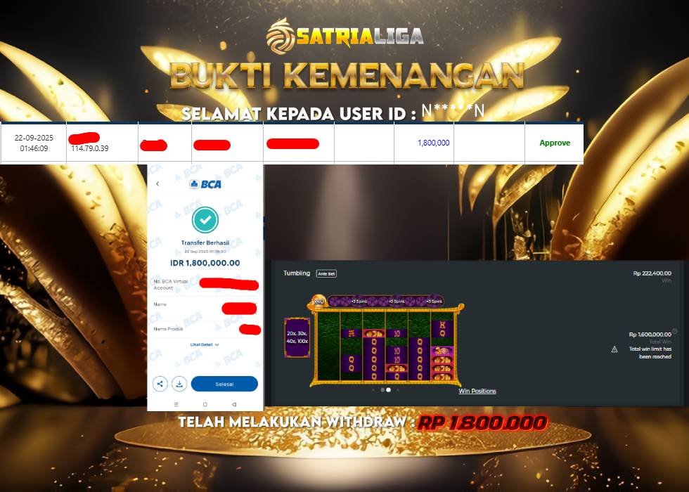 BUKTI KEMENANGAN MEMBER SATRIALIGA Rp 1.800.000