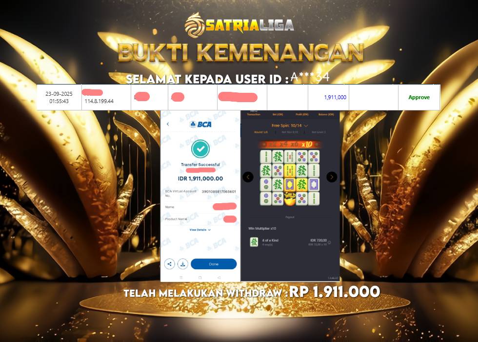 BUKTI KEMENANGAN MEMBER SATRIALIGA Rp 1.911.000