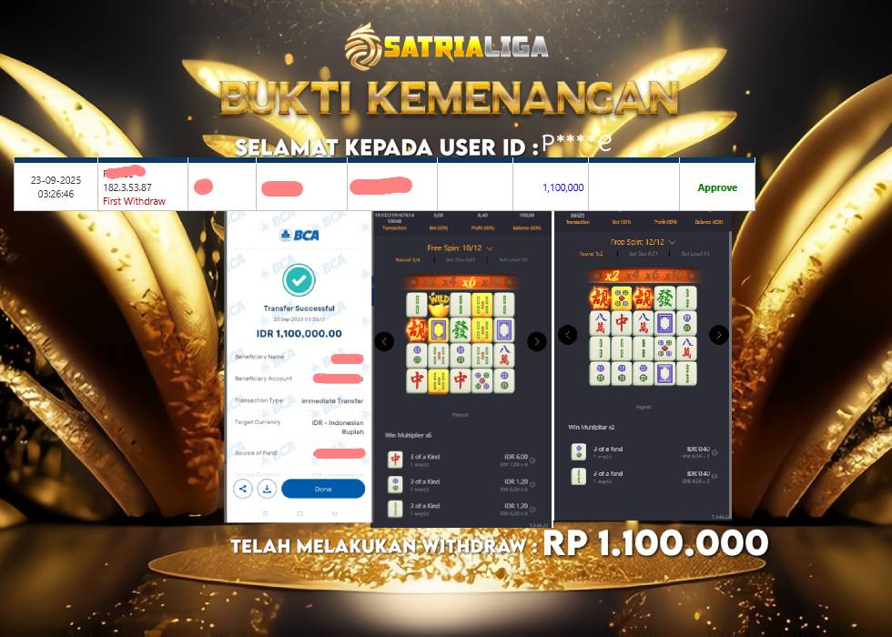 BUKTI KEMENANGAN MEMBER SATRIALIGA Rp 1.100.000