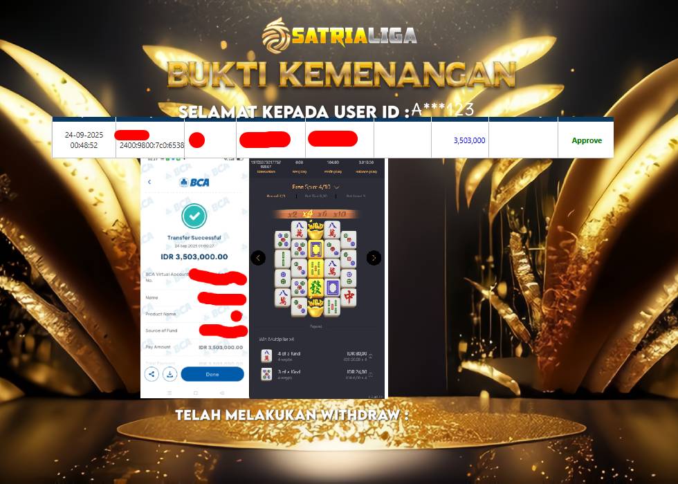 BUKTI KEMENANGAN MEMBER SATRIALIGA Rp 3.503.000