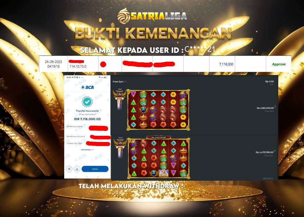 BUKTI KEMENANGAN MEMBER SATRIALIGA Rp 7.116.000