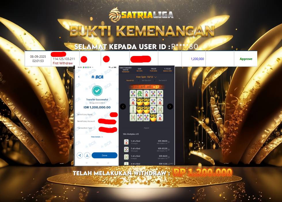 BUKTI KEMENANGAN MEMBER SATRIALIGA Rp 1.200.000