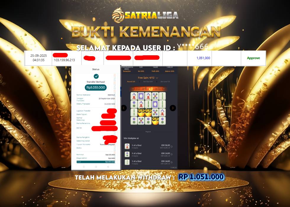 BUKTI KEMENANGAN MEMBER SATRIALIGA Rp 1.051.000