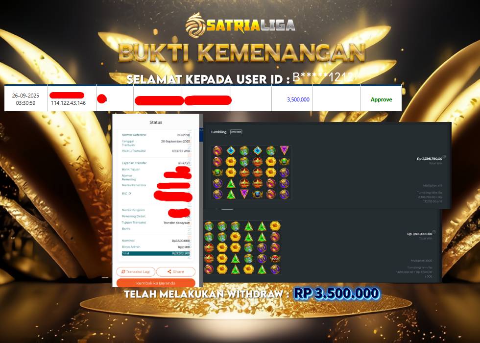 BUKTI KEMENANGAN MEMBER SATRIALIGA Rp 3.500.000