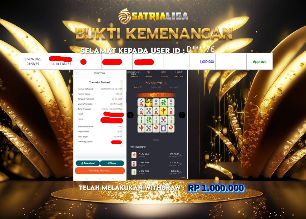 BUKTI KEMENANGAN MEMBER SATRIALIGA Rp 1.000.000