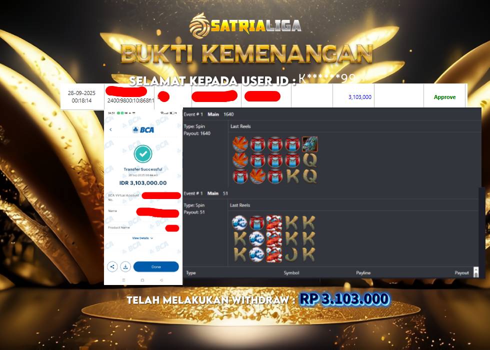 BUKTI KEMENANGAN MEMBER SATRIALIGA Rp 3.103.000