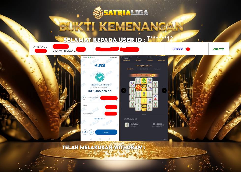 BUKTI KEMENANGAN MEMBER SATRIALIGA Rp 1.800.000