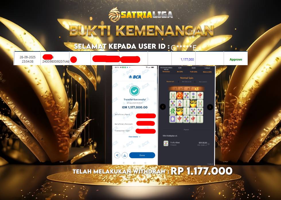 BUKTI KEMENANGAN MEMBER SATRIALIGA Rp 1.177.000