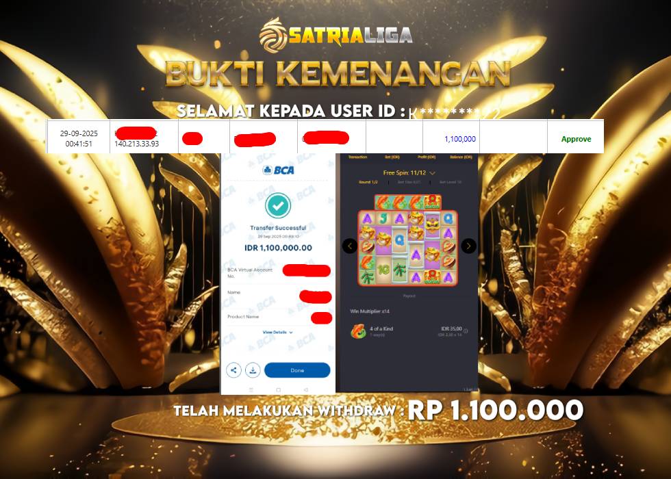 BUKTI KEMENANGAN MEMBER SATRIALIGA Rp 1.100.000