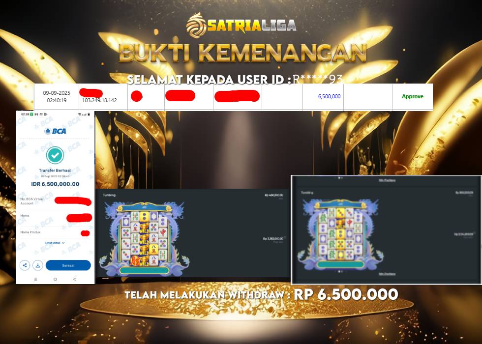 BUKTI KEMENANGAN MEMBER SATRIALIGA Rp 6.500.000