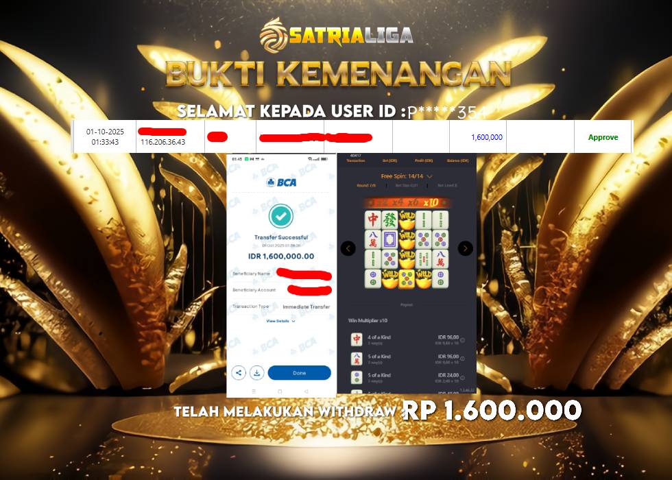 BUKTI KEMENANGAN MEMBER SATRIALIGA Rp 1.600.000