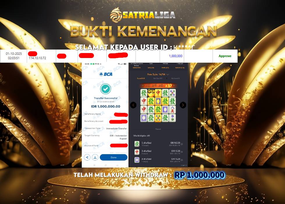 BUKTI KEMENANGAN MEMBER SATRIALIGA Rp 1.000.000