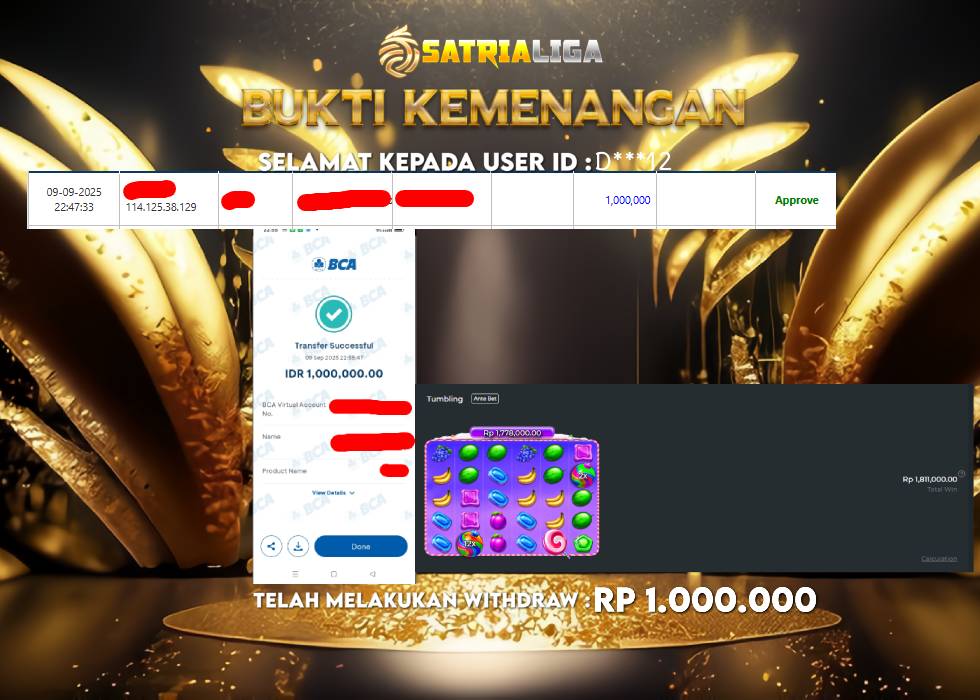 BUKTI KEMENANGAN MEMBER SATRIALIGA Rp 1.000.000