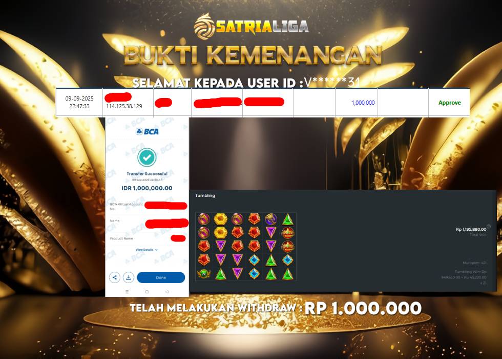 BUKTI KEMENANGAN MEMBER SATRIALIGA Rp 1.000.000