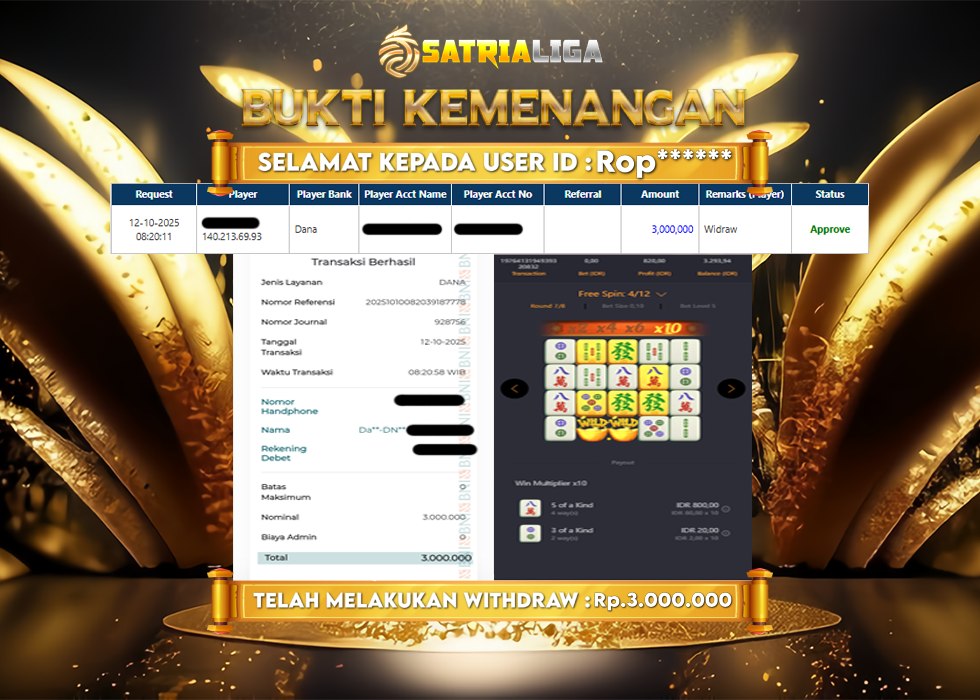 BUKTI KEMENANGAN MEMBER SATRIALIGA Rp 3.000.000