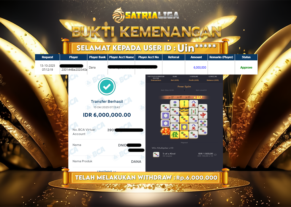 BUKTI KEMENANGAN MEMBER SATRIALIGA Rp.6.000.000