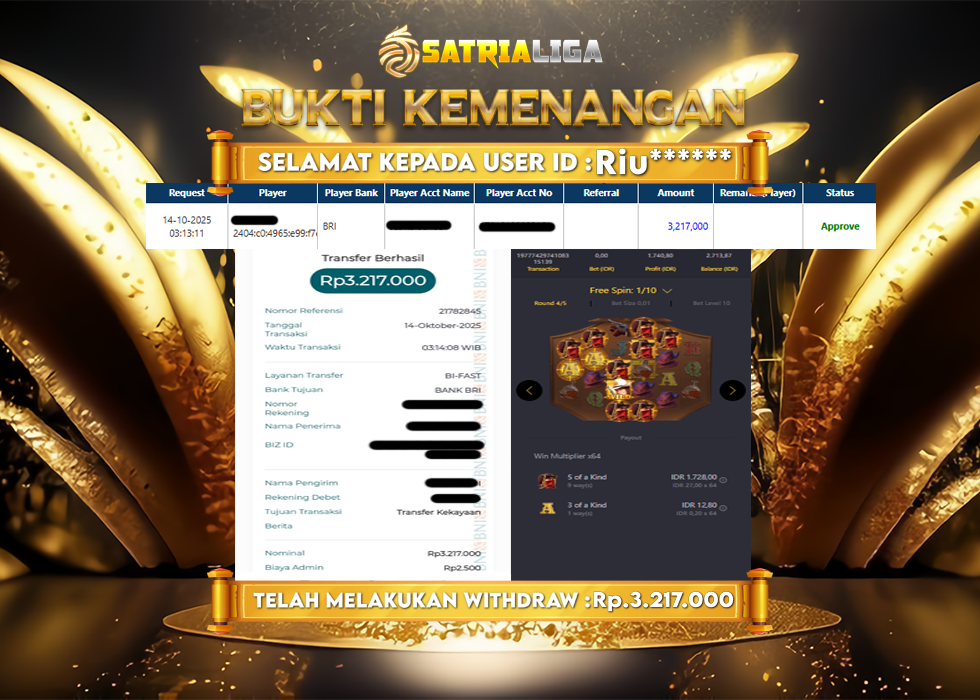 BUKTI KEMENANGAN MEMBER SATRIALIGA Rp.3.217.000