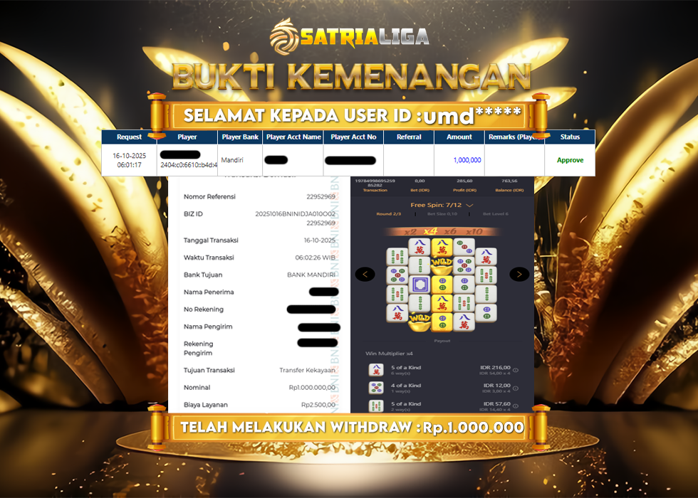BUKTI KEMENANGAN MEMBER SATRIALIGA Rp 1.000.000