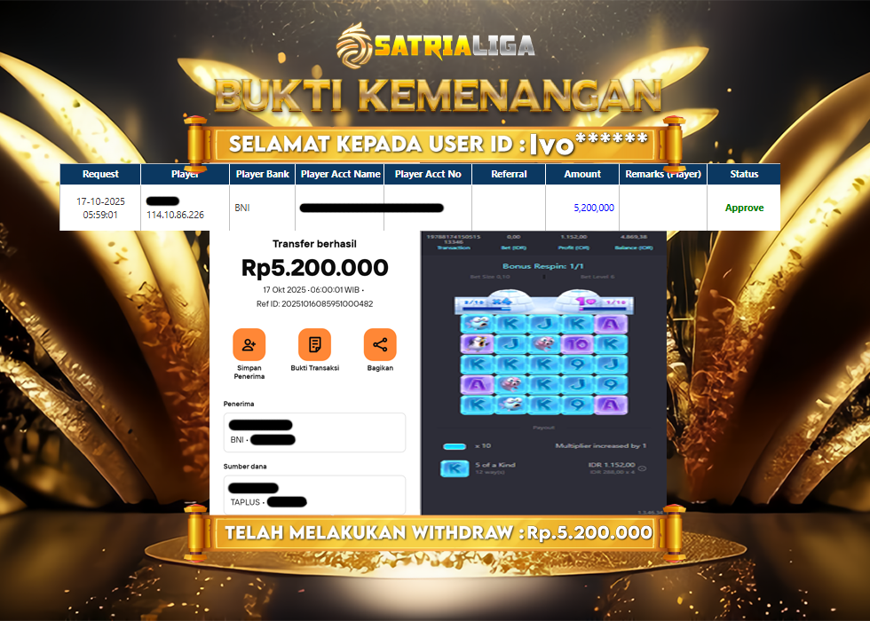 BUKTI KEMENANGAN MEMBER SATRIALIGA Rp 4.200.000