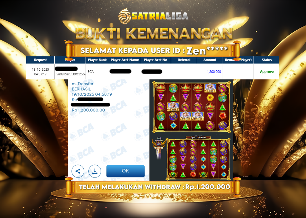 BUKTI KEMENANGAN MEMBER SATRIALIGA Rp 1.200.000
