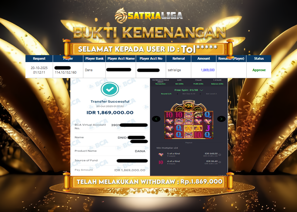 BUKTI KEMENANGAN MEMBER SATRIALIGA Rp 1.869.000