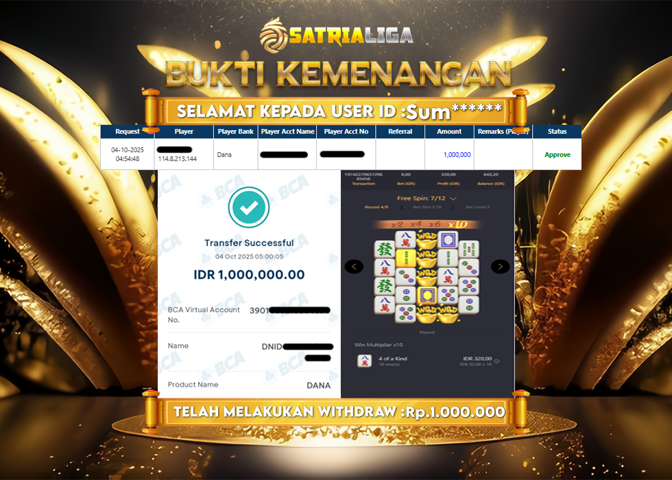 BUKTI KEMENANGAN MEMBER SATRIALIGA Rp 1.000.000
