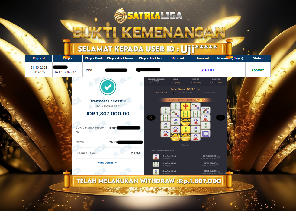 BUKTI KEMENANGAN MEMBER SATRIALIGA Rp 1.807.000