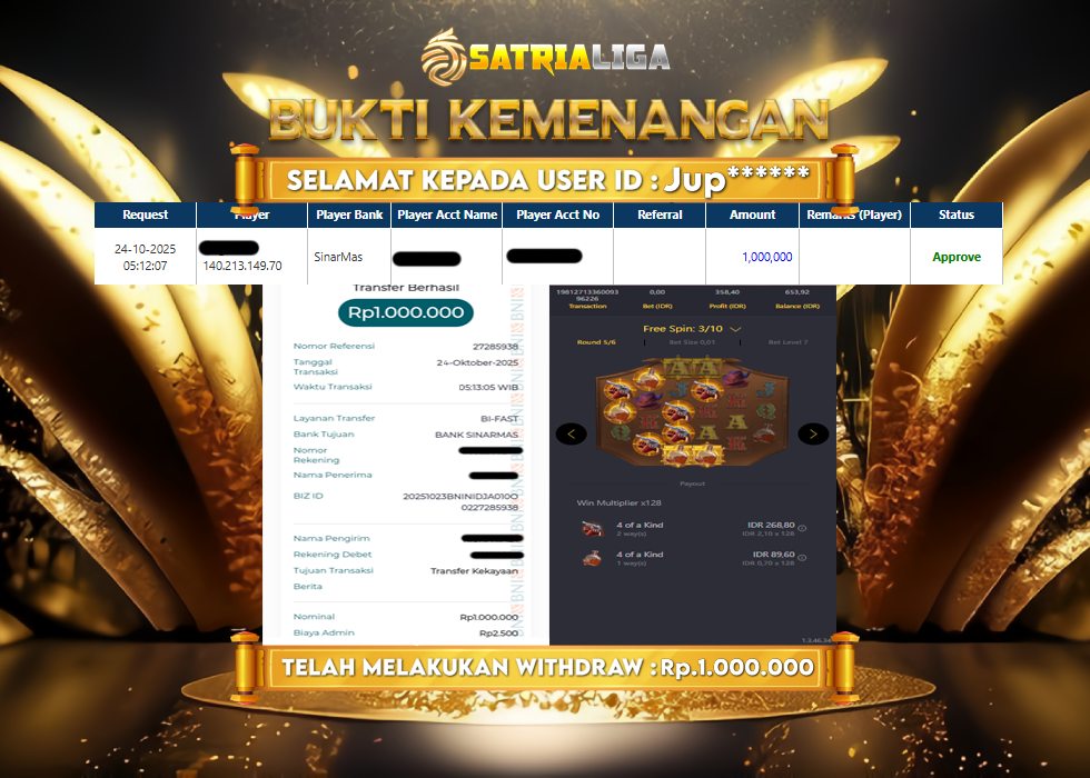 BUKTI KEMENANGAN MEMBER SATRIALIGA Rp 1.000.000