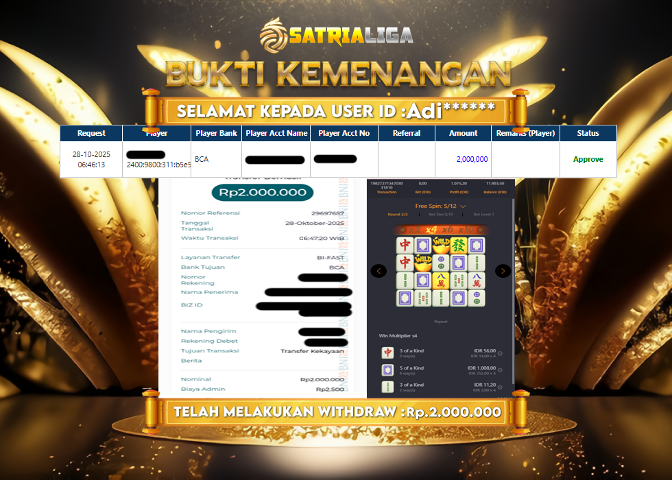 BUKTI KEMENANGAN MEMBER SATRIALIGA Rp 2.000.000