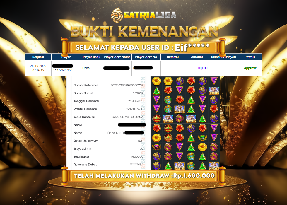 BUKTI KEMENANGAN MEMBER SATRIALIGA Rp 1.600.000