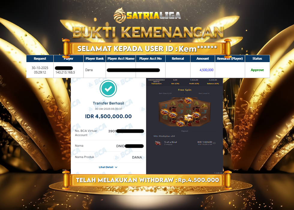 BUKTI KEMENANGAN MEMBER SATRIALIGA Rp 4.500.000