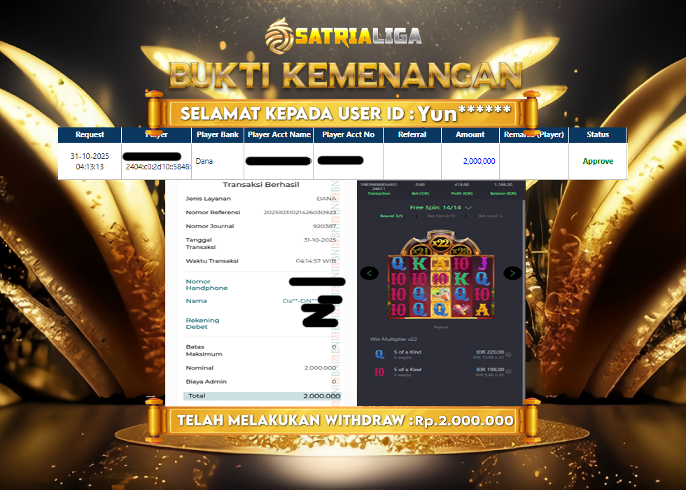 BUKTI KEMENANGAN MEMBER SATRIALIGA Rp 2.000.000