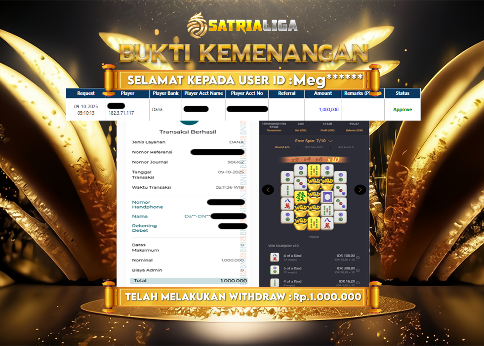 BUKTI KEMENANGAN MEMBER SATRIALIGA Rp 1.000.000