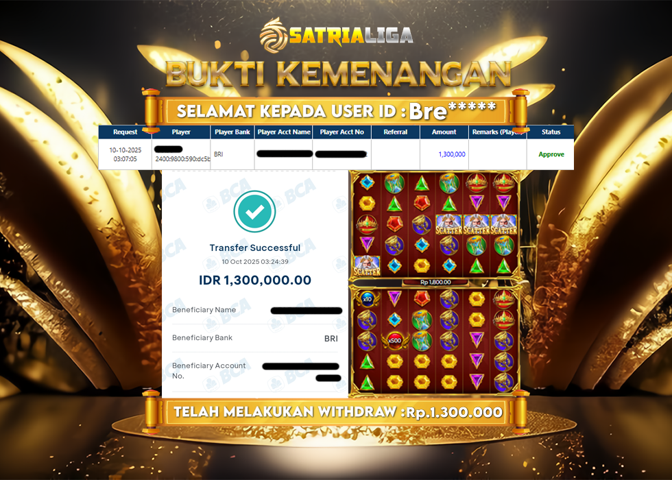 BUKTI KEMENANGAN MEMBER SATRIALIGA Rp 1.300.000