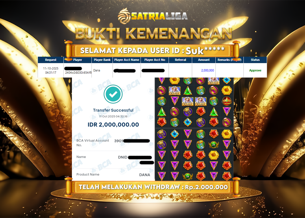 BUKTI KEMENANGAN MEMBER SATRIALIGA Rp 2.000.000