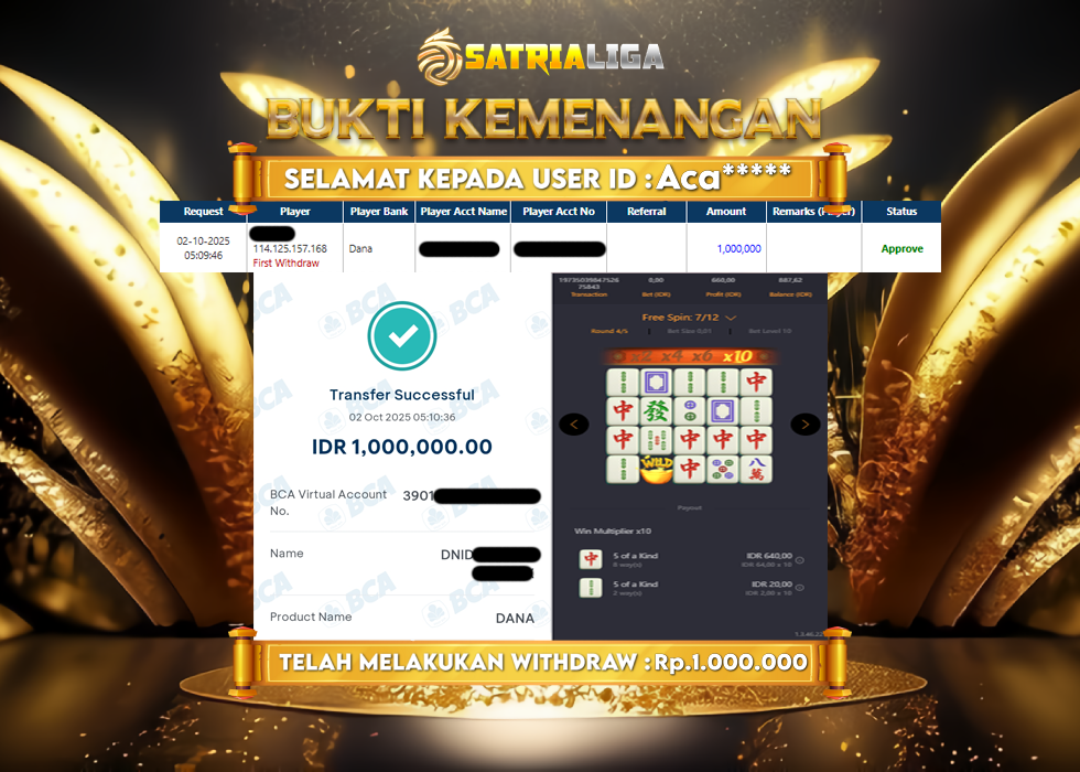 BUKTI KEMENANGAN MEMBER SATRIALIGA Rp 1.000.000