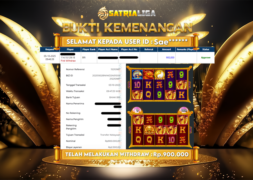 BUKTI KEMENANGAN MEMBER SATRIALIGA Rp 900.000