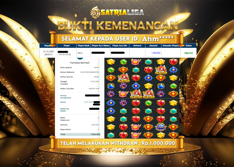 BUKTI KEMENANGAN MEMBER SATRIALIGA Rp.1.000.000
