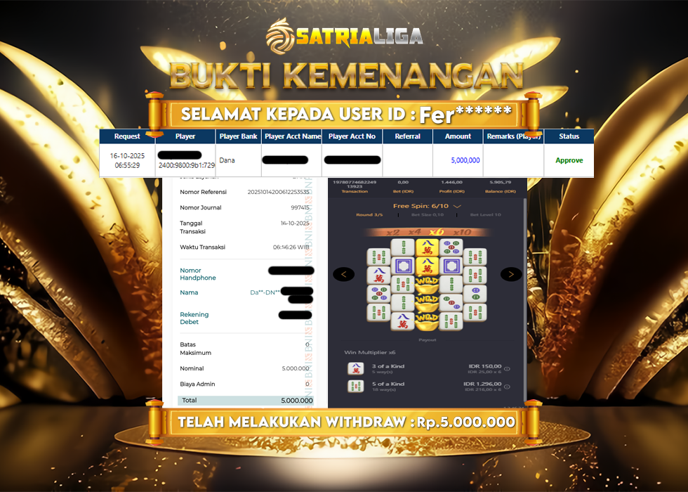 BUKTI KEMENANGAN MEMBER SATRIALIGA Rp 5.000.000