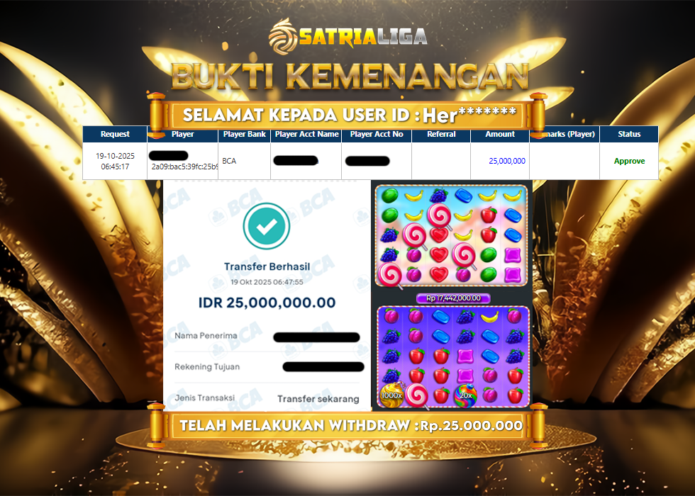 BUKTI KEMENANGAN MEMBER SATRIALIGA Rp 25.000.000